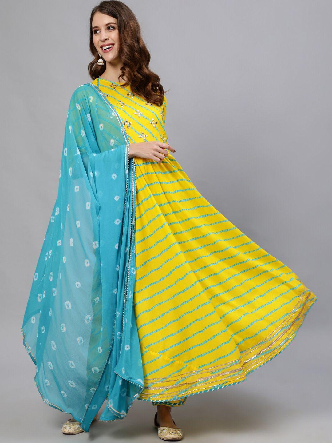 jaipur-kurti-women-yellow-&-blue-floral-striped-pure-cotton-kurta-with-trousers-&-dupatta