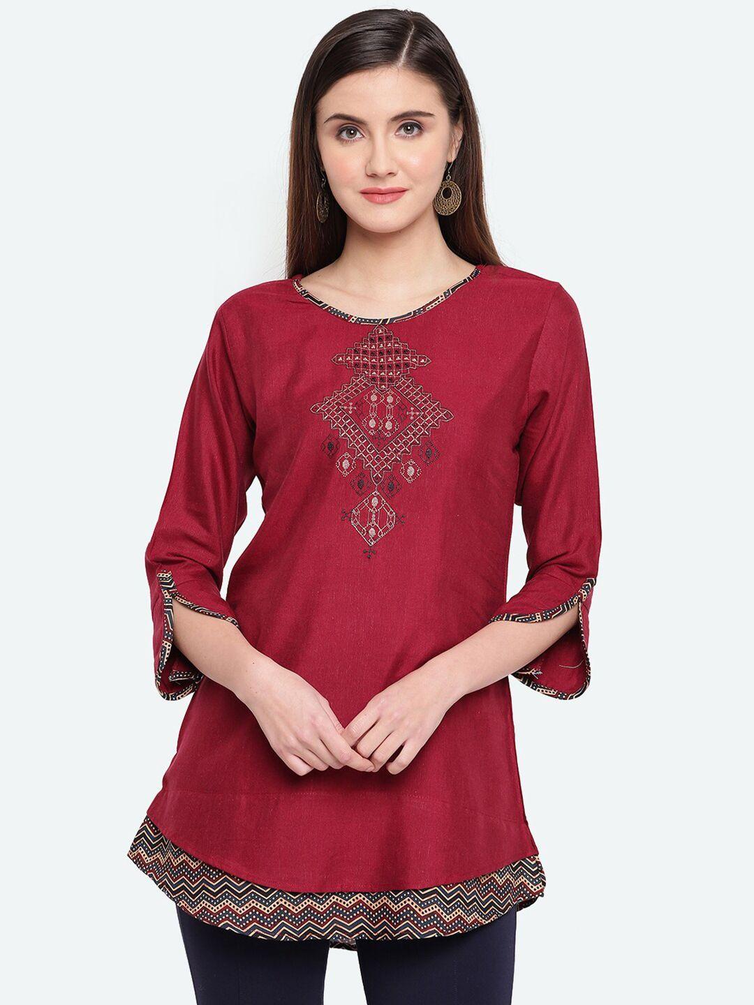 kvsfab-women-maroon-&-black-geometric-embroidered-cotton-tunic