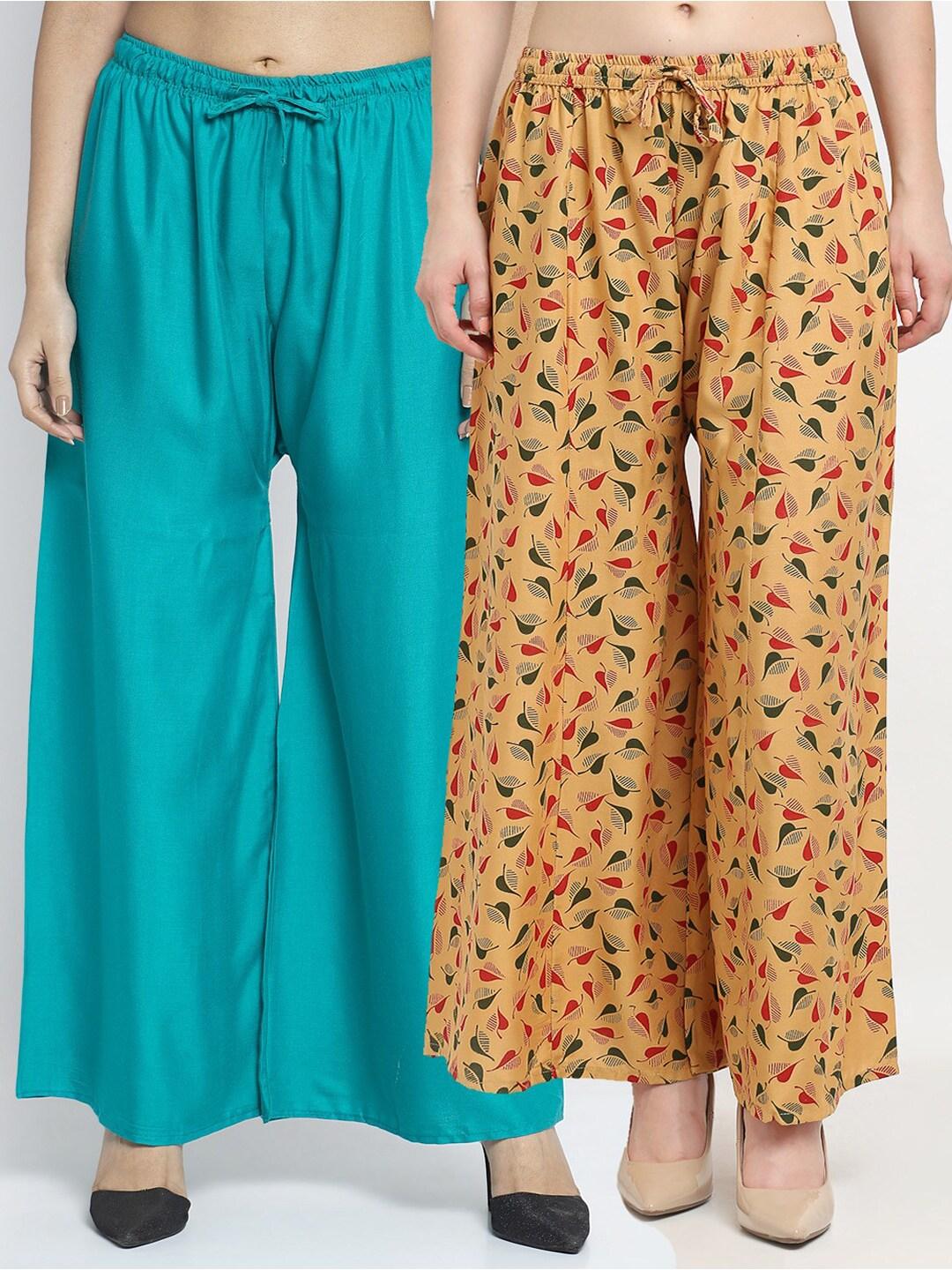 gracit-women-pack-of-2-sea-green-&-mustard-yellow-floral-printed-flared-palazzos