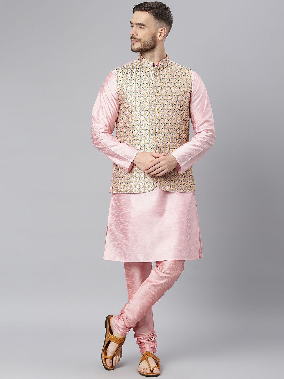 hangup-men-pink-regular-dupion-silk-kurta-with-churidar-&-with-nehru-jacket