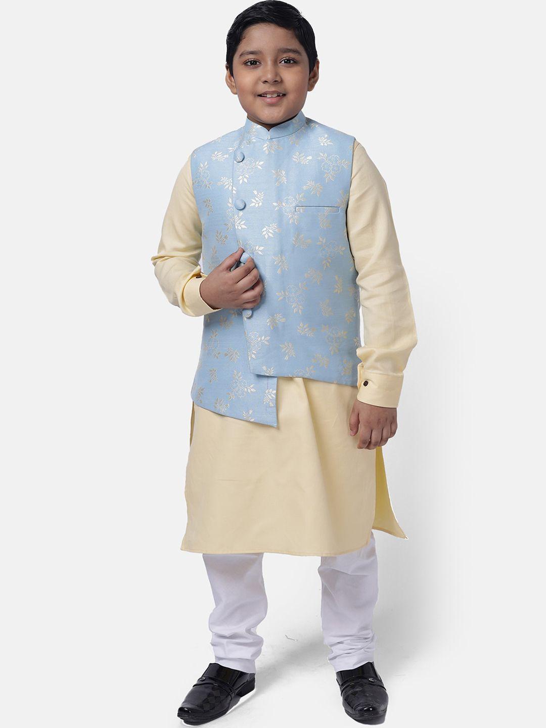namaskar-boys-cream-coloured-&-white-pure-cotton-kurta-with-churidar-&-nehru-jacket