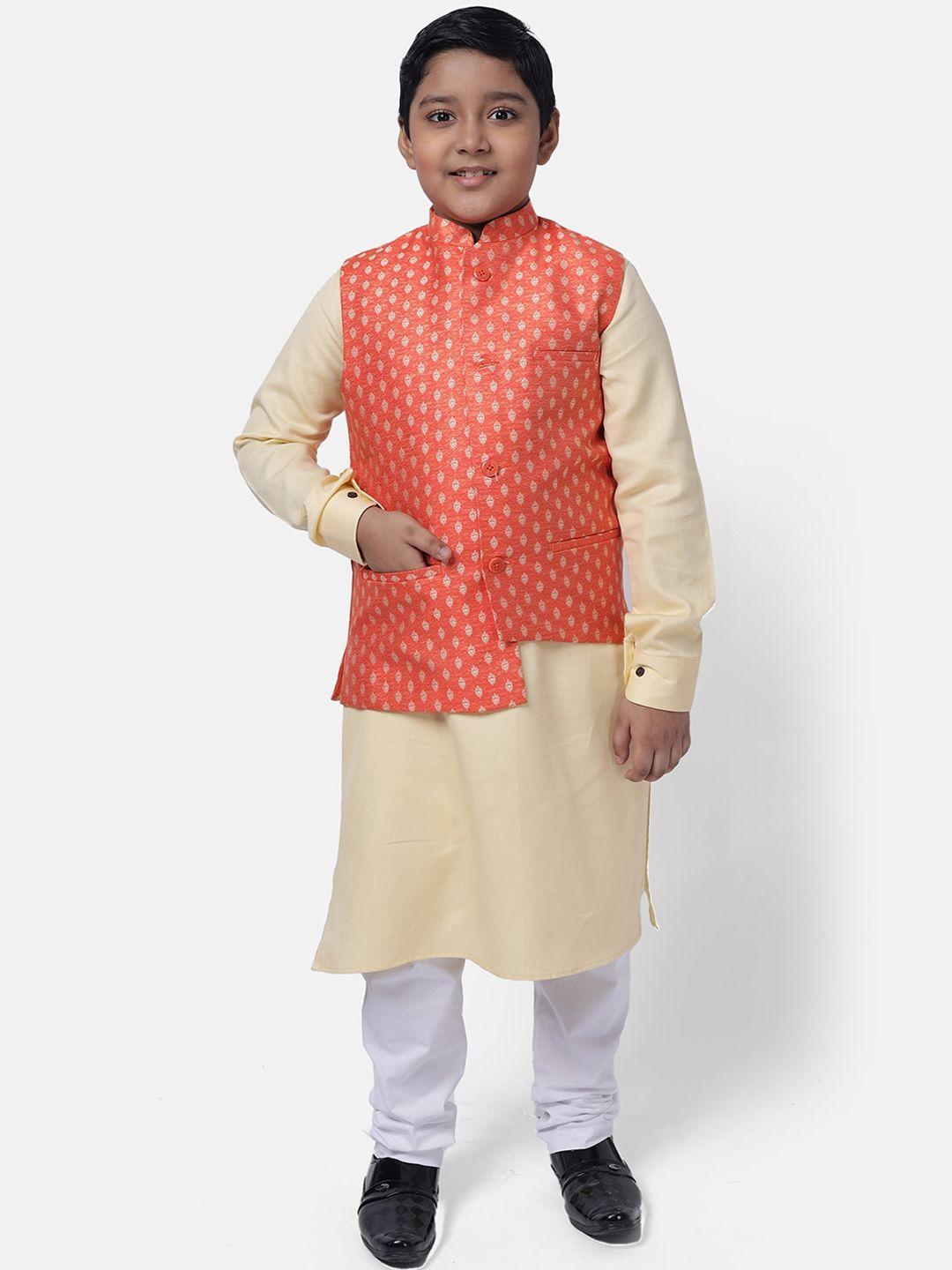 namaskar-boys-cream-coloured-&-orange-pure-cotton-kurta-with-churidar-&-nehru-jacket