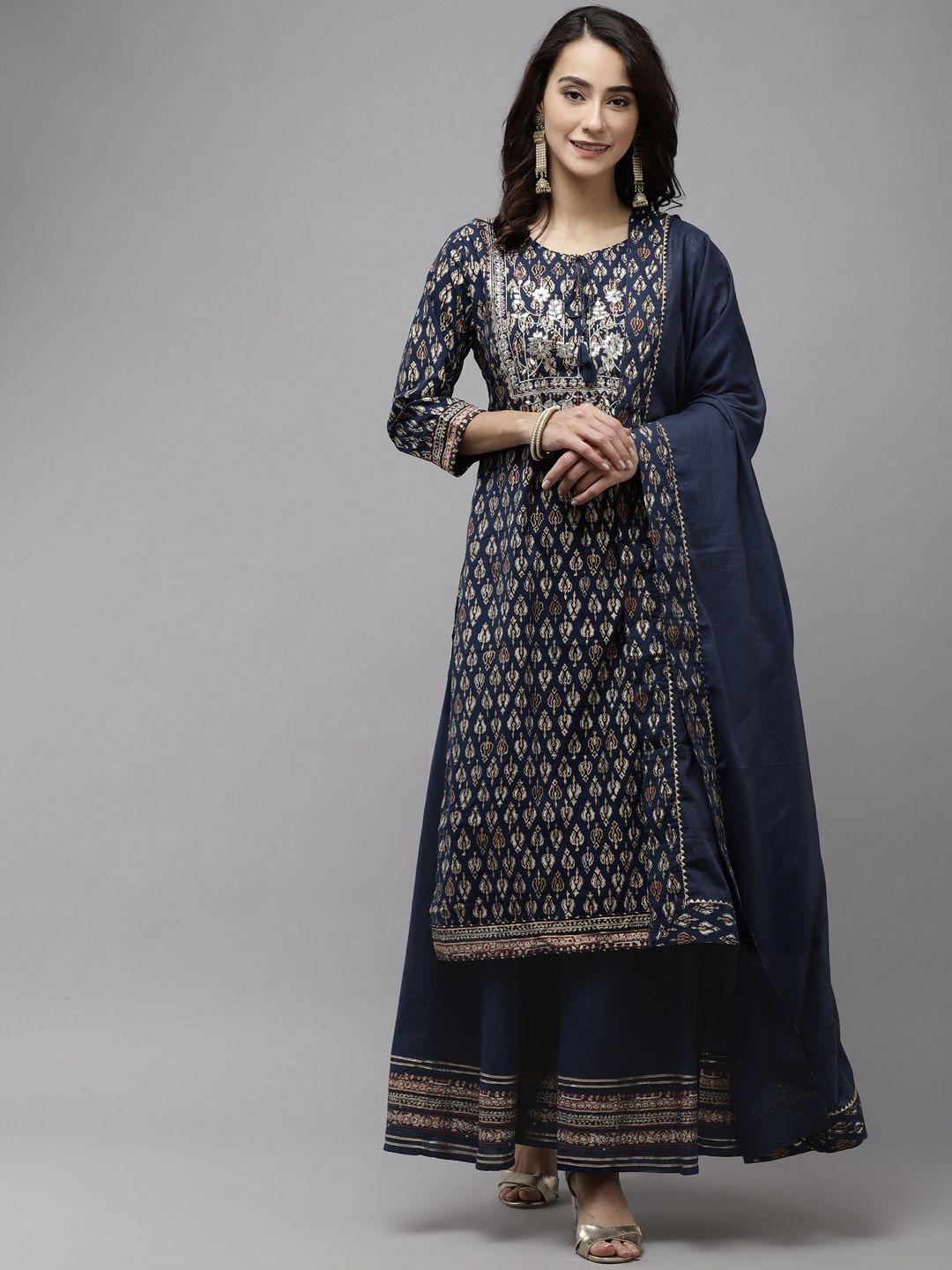 ishin-women-navy-blue-floral-embroidered-regular-gotta-patti-pure-cotton-kurta-with-palazzos-&-with-dupatta