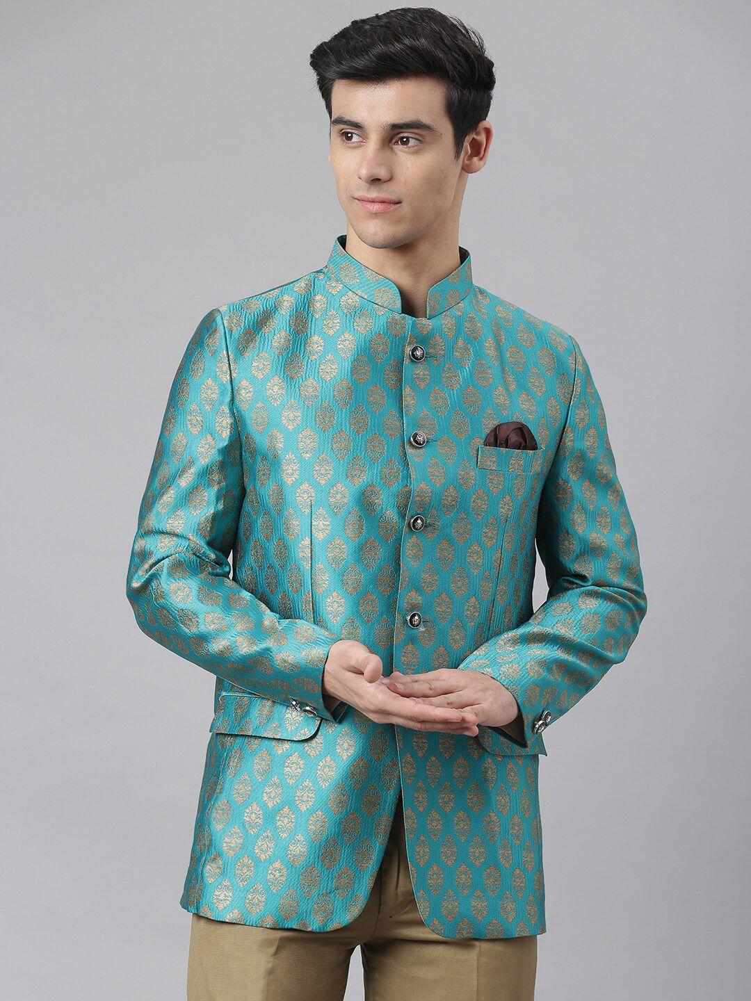 hangup-men-green-self-design-bandhgala-party-blazer