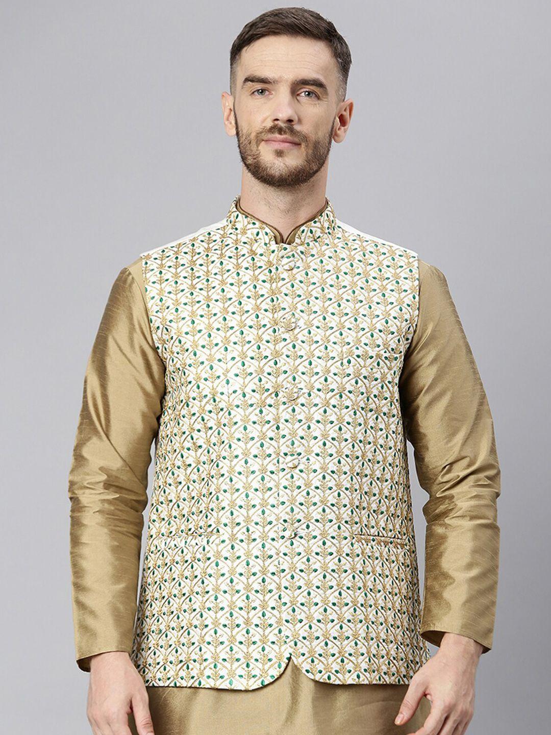 hangup-men-white-&-gold-coloured-embroidered-woven-nehru-jacket