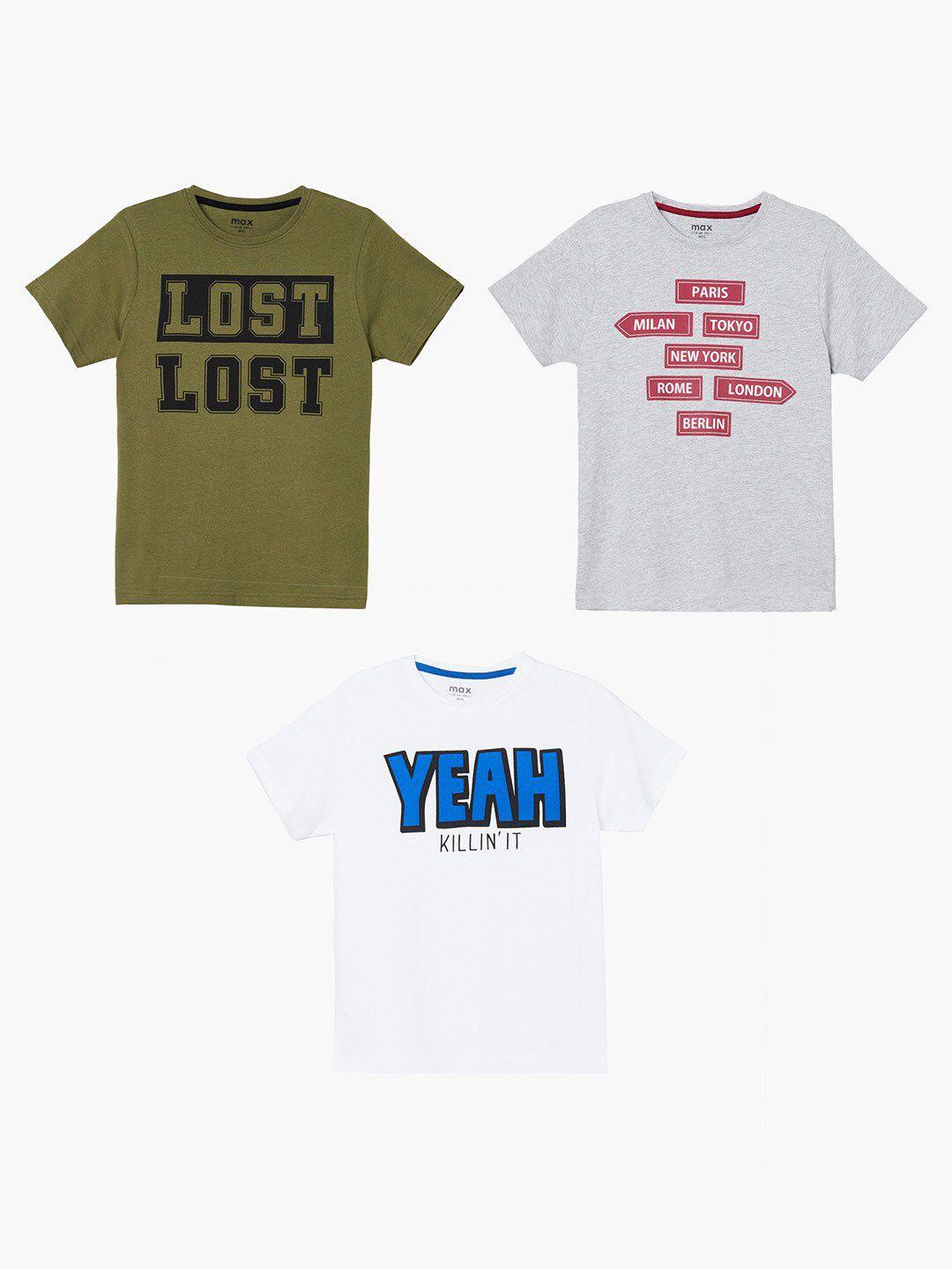 max-boys-olive-green-&-grey-typography-3-printed-cotton-t-shirts