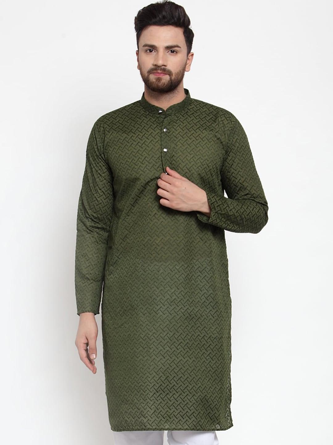 jompers-men-olive-green-geometric-embroidered-pure-cotton-kurta