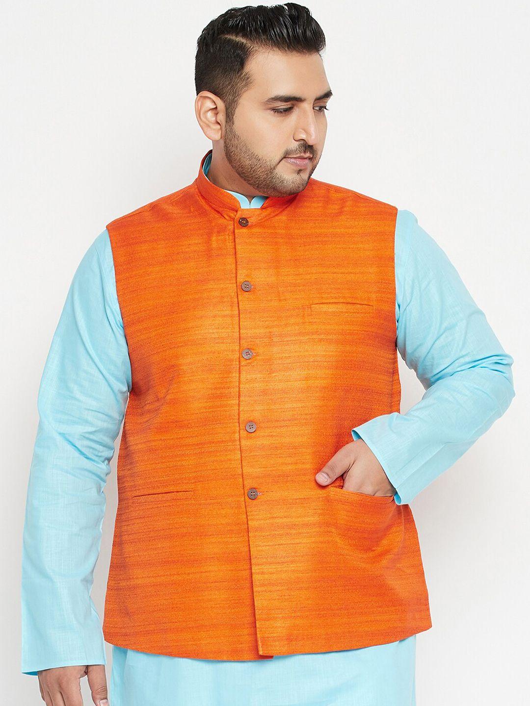 vastramay-plus-men-orange-solid-woven-nehru-jacket
