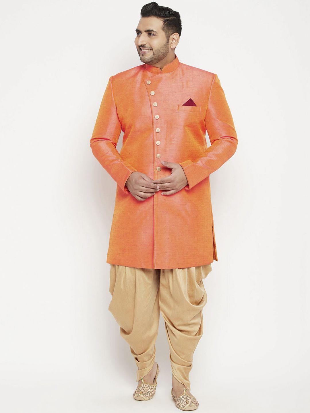vastramay-plus-men-orange-&-beige-solid-slim-fit-sherwani-set