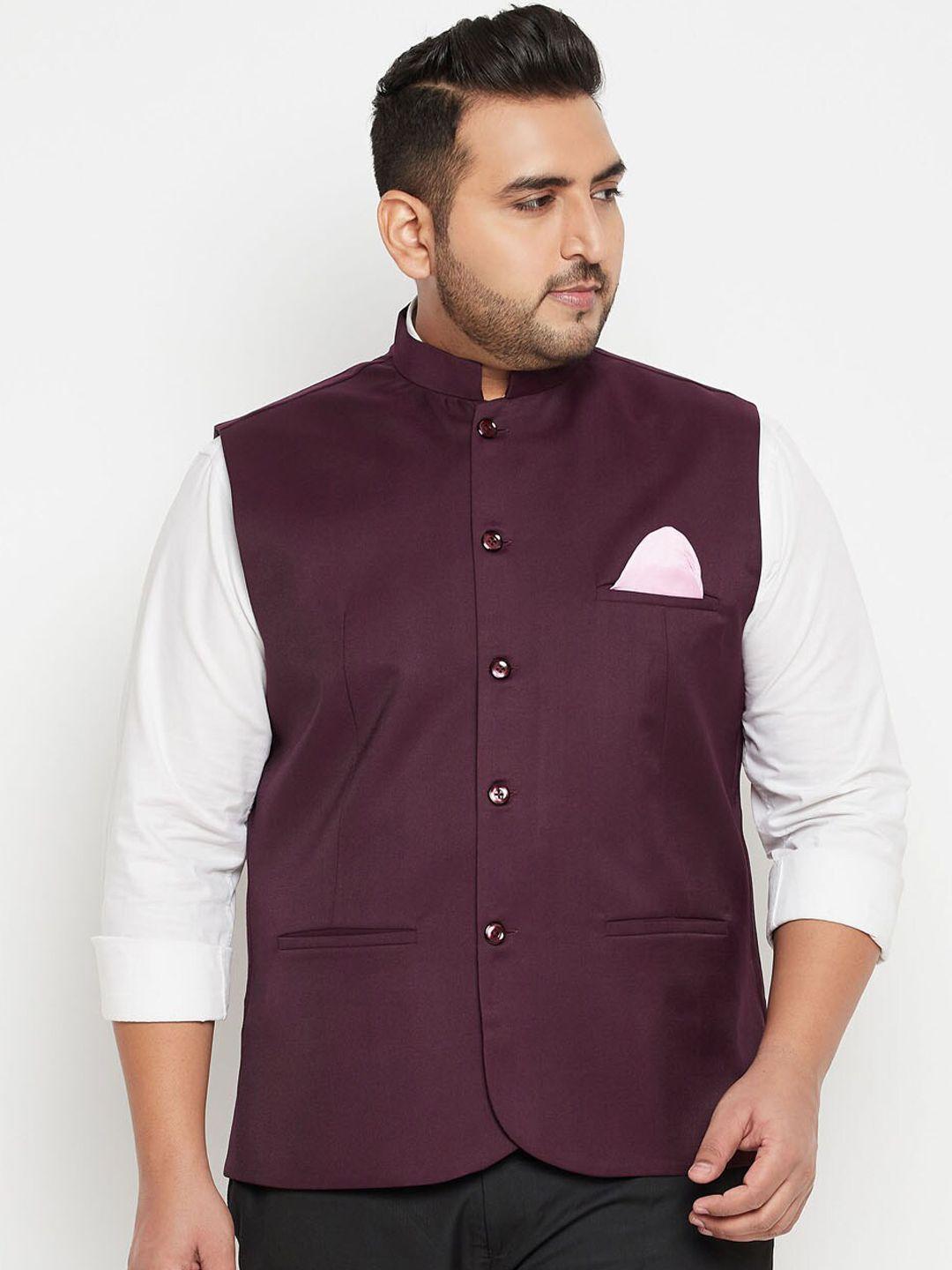 vastramay-plus-men-plus-size-maroon-solid-slim-fit-woven-nehru-jacket