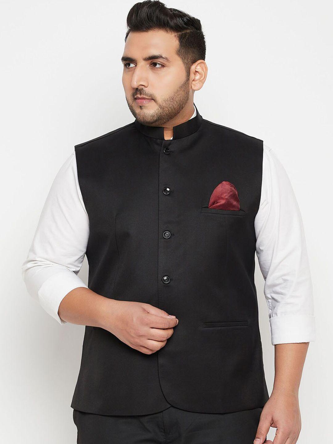 vastramay-plus-men-black-solid-slim-fit-woven-nehru-jacket