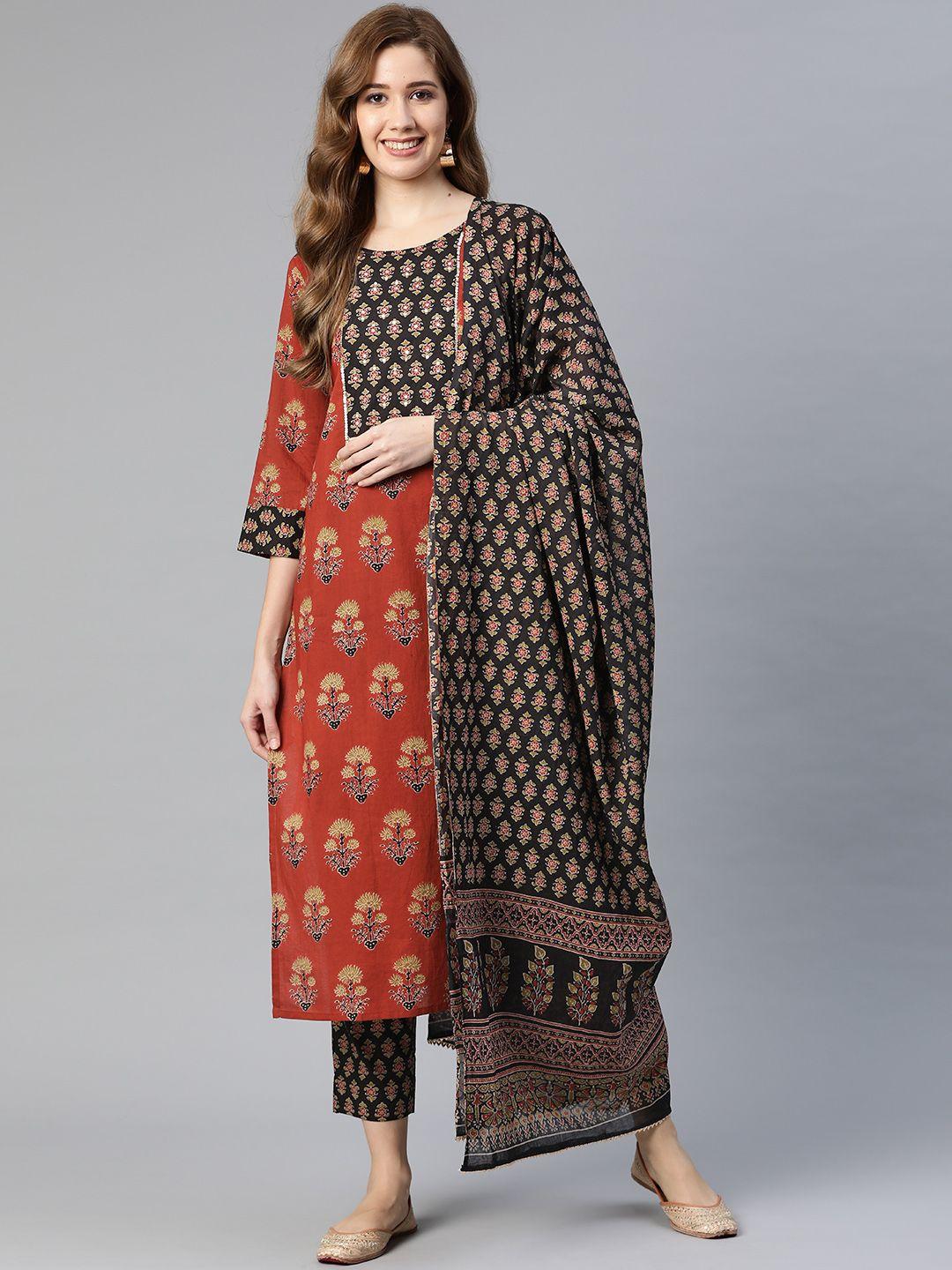 yuris-women-maroon-ethnic-motifs-printed-regular-sequinned-pure-cotton-kurta-with-trousers-&-with-dupatta