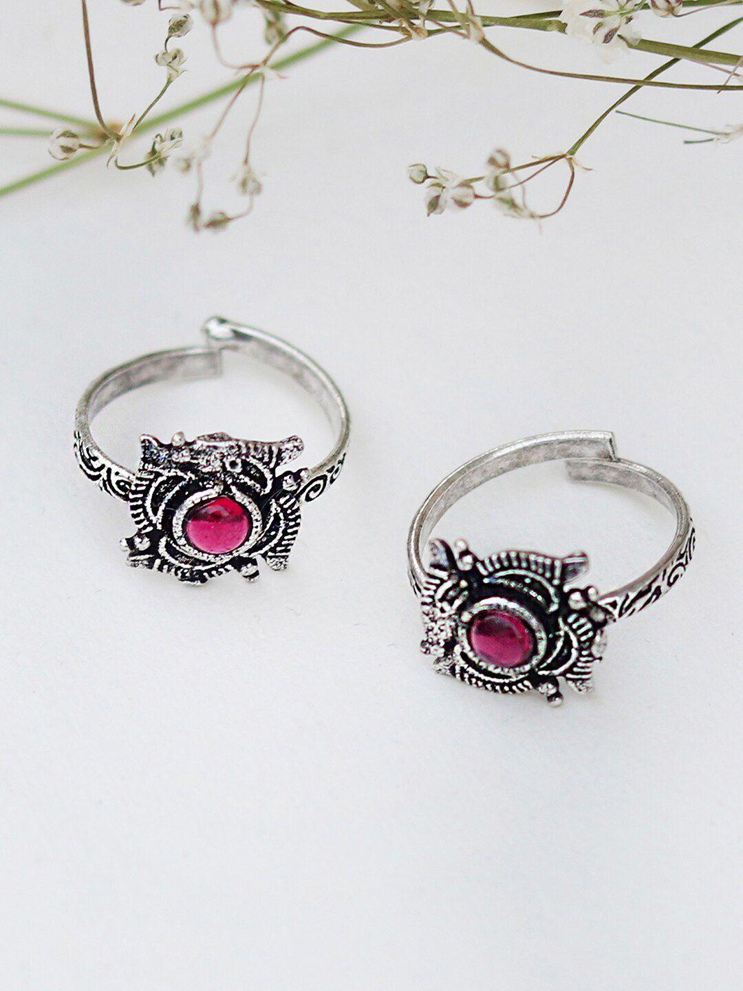 teejh-set-of-2-oxidised-silver-plated-pink-stone-studded-toe-rings