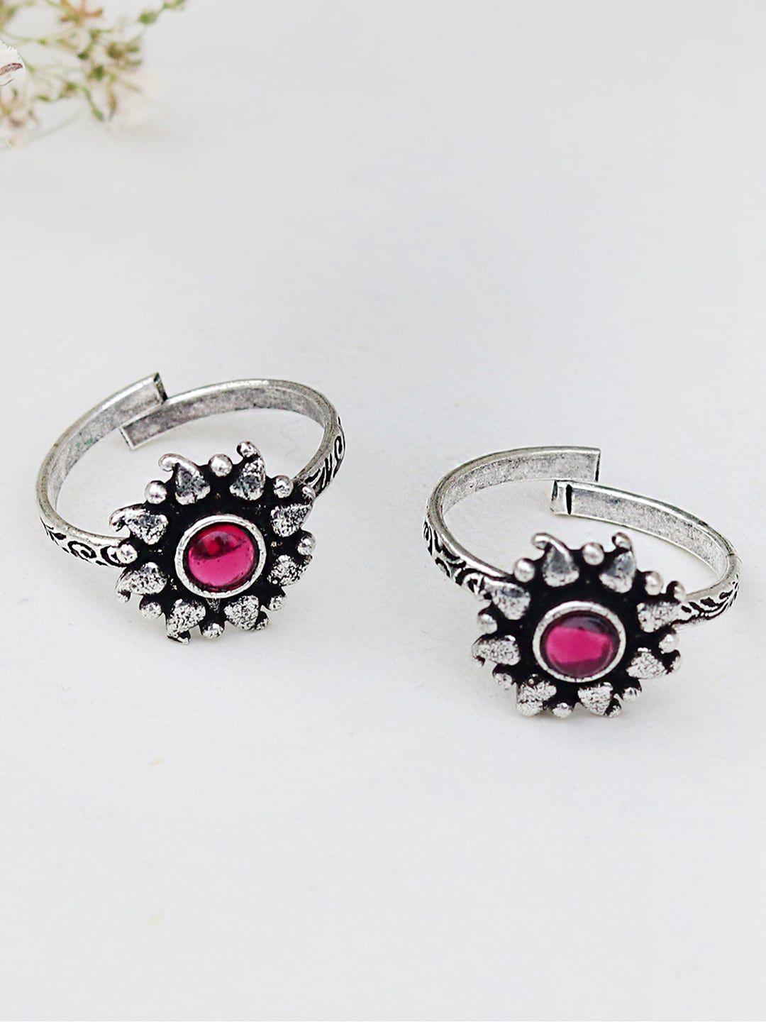 teejh-pink-&-silver-set-of-2-miraya-stone-oxidised-toe-rings