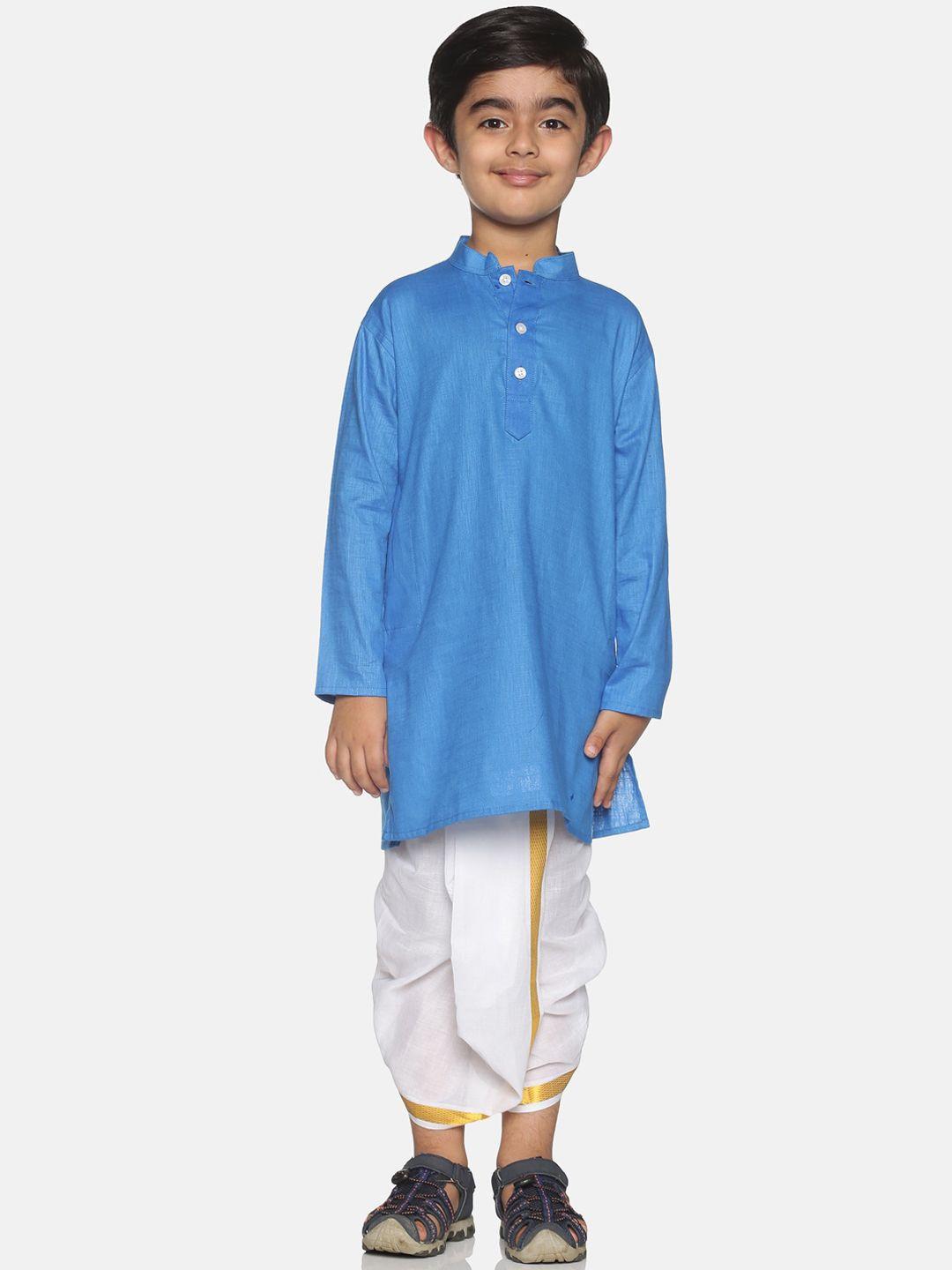 sethukrishna-boys-blue-&-white-solid-regular-pure-cotton-kurta-and-dhoti-pant-set