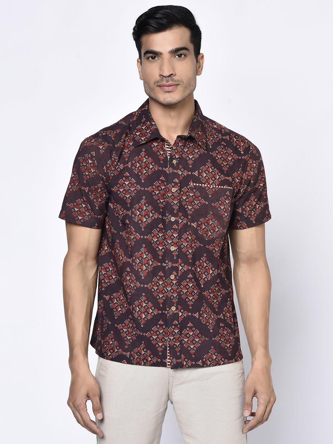 fabindia-men-brown-&-red-cotton-hand-block-print-shirt