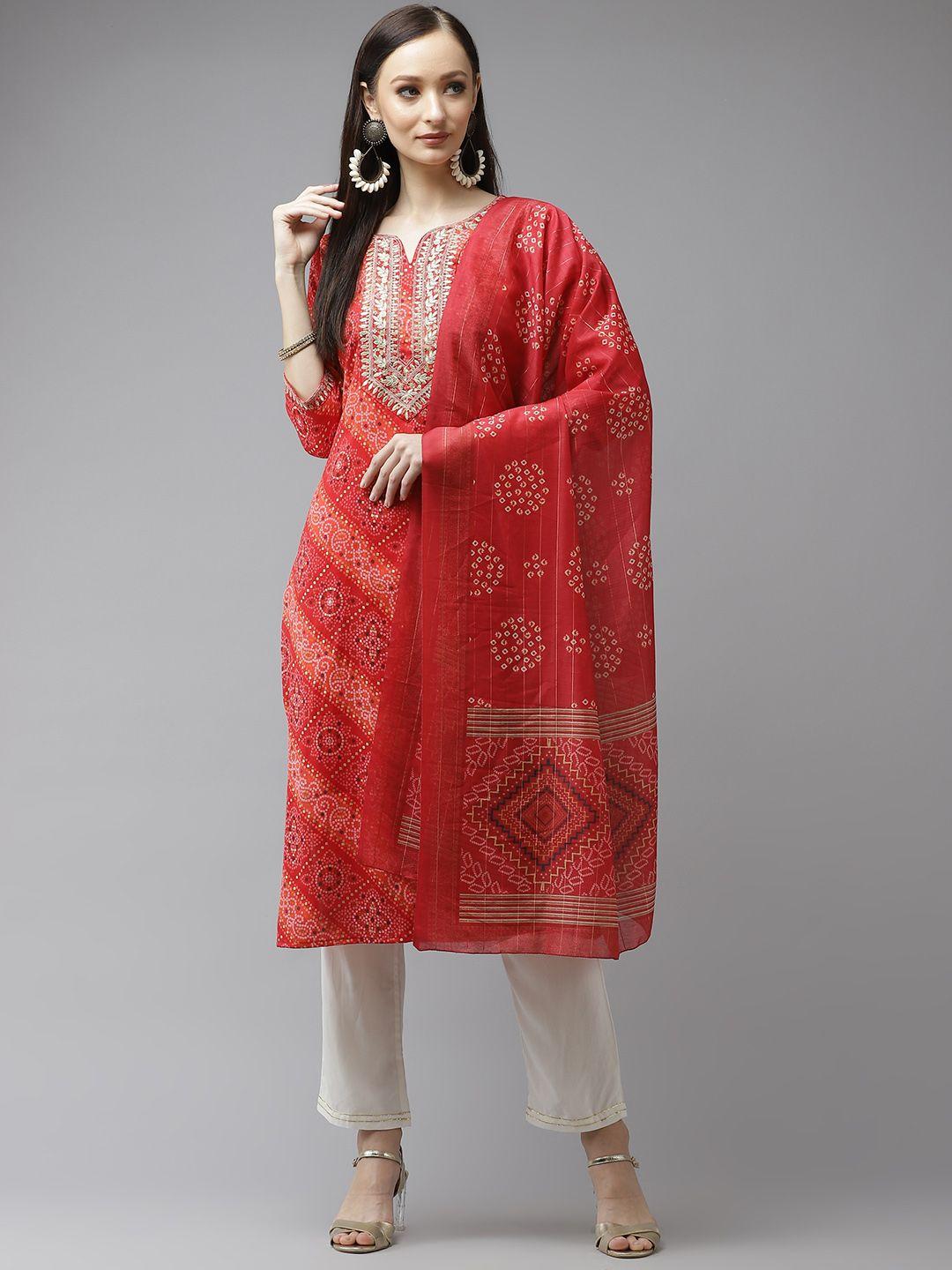 yufta-women-red-bandhani-printed-regular-gotta-patti-kurta-with-palazzos-&-with-dupatta