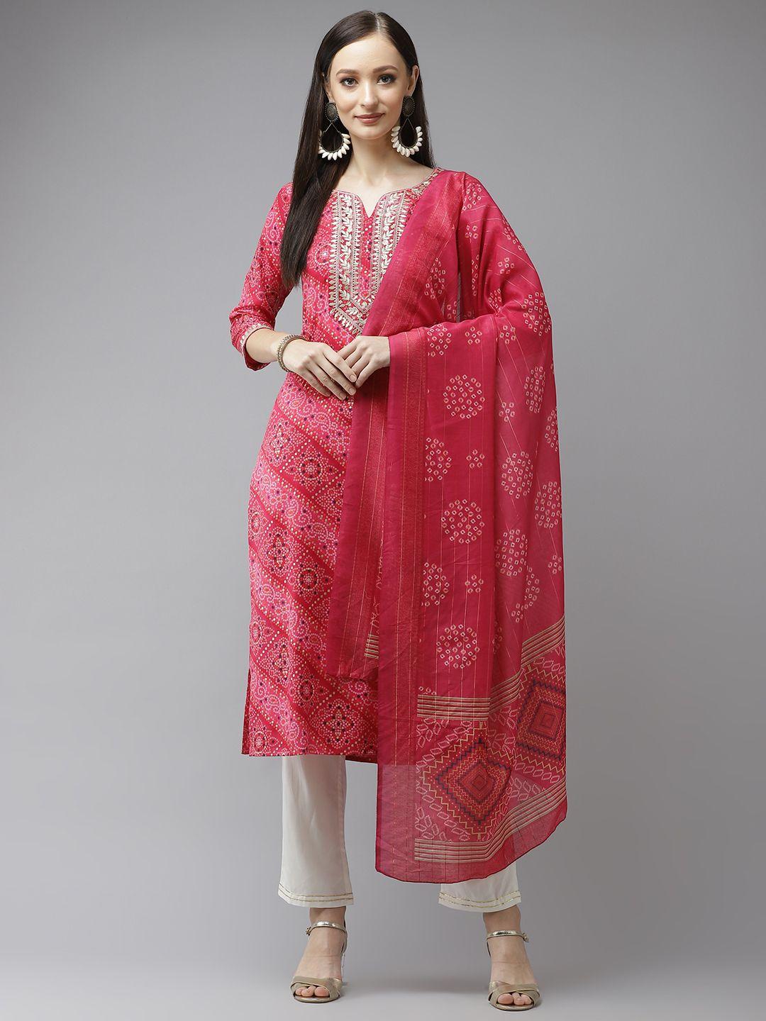 yufta-women-pink-bandhani-printed-panelled-gotta-patti-kurta-with-palazzos-&-with-dupatta