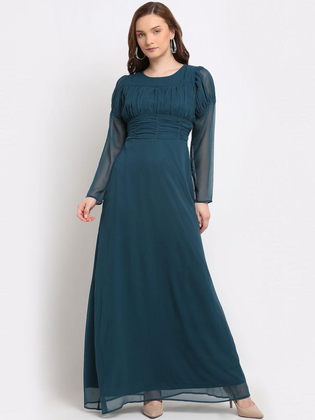 la-zoire-turquoise-blue-solid-georgette-maxi-dress-with-gathered-detailing