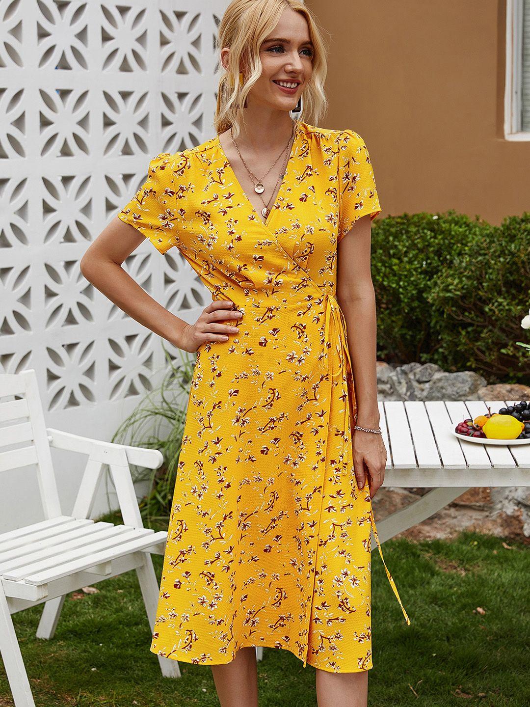 urbanic-mustard-yellow-&-maroon-floral-print-wrap-midi-dress