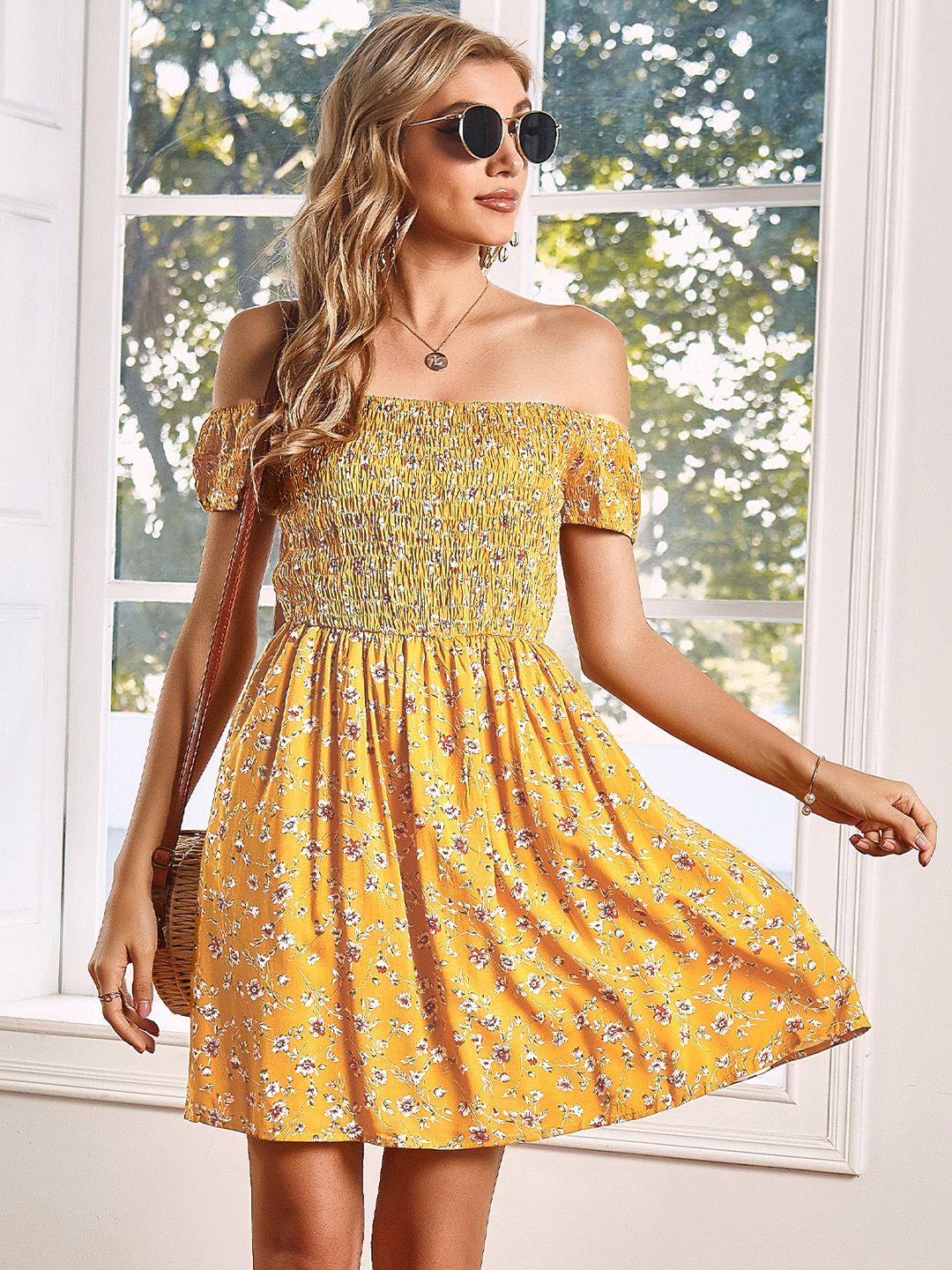 urbanic-yellow-&-white-floral-printed-off-shoulder-a-line-dress
