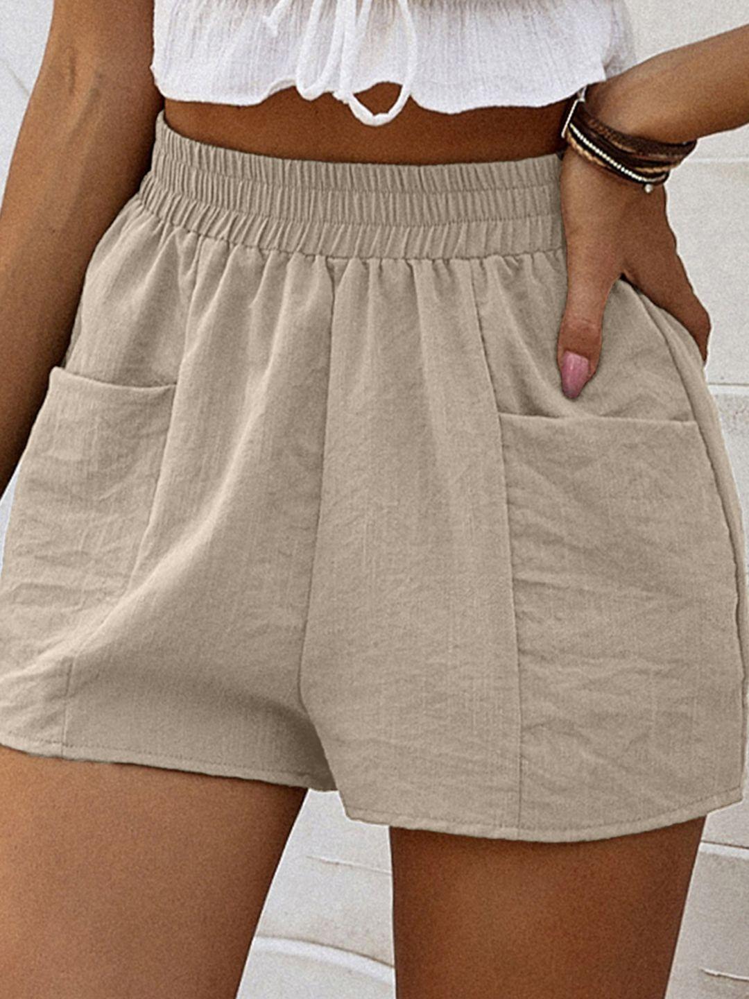 urbanic-women-beige-self-striped-crinkled-high-rise-regular-shorts