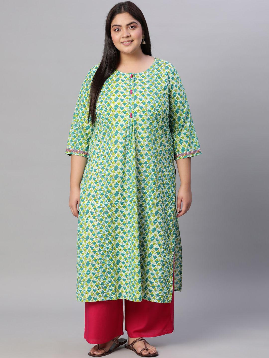 jaipur-kurti-women-green-&-navy-blue-geometric-printed-kurta