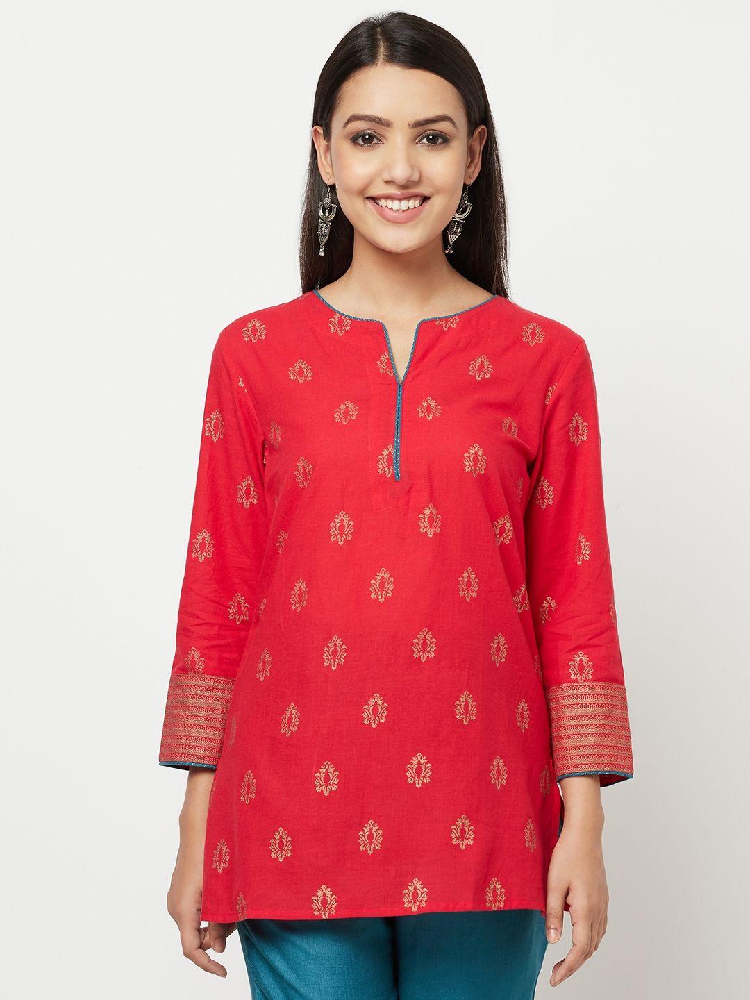 fabindia-red-&-golden-ethnic-motifs-hand-block-print-pure-cotton-straight-kurti