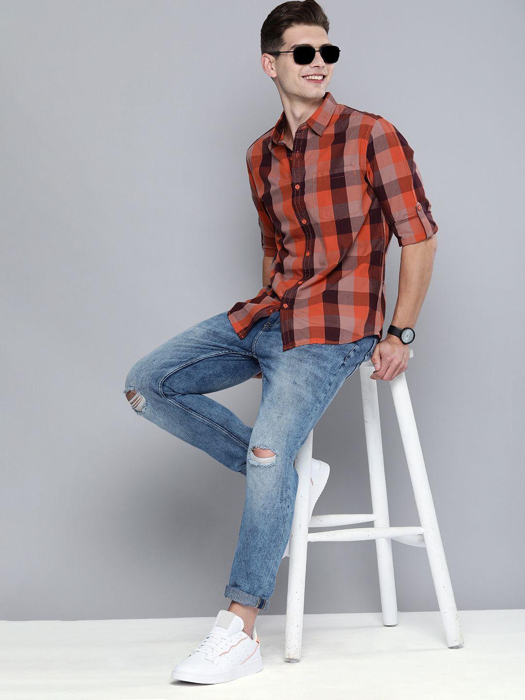 here&now-men-red-and-grey-checked-regular-fit-pure-cotton-casual-shirt