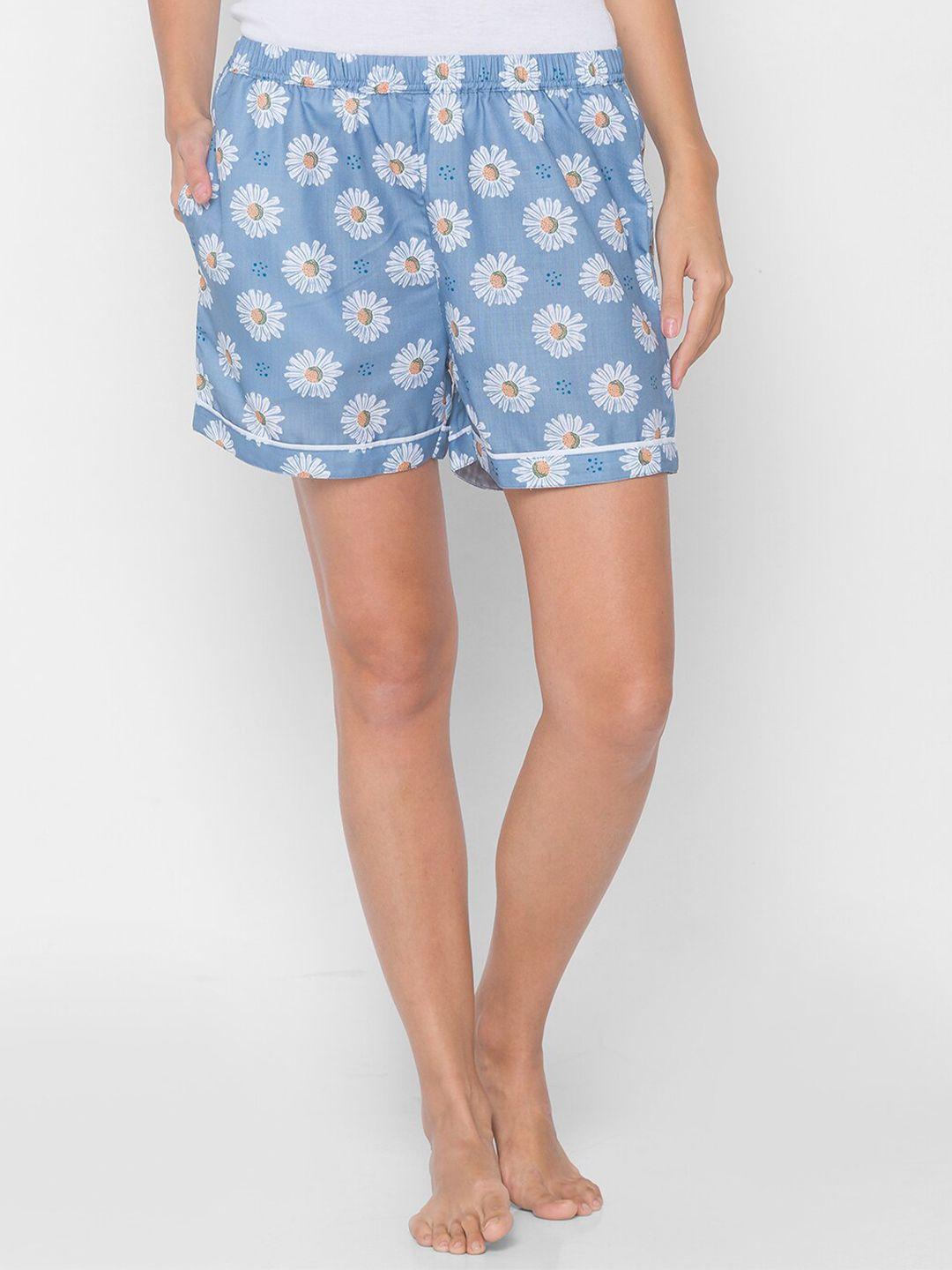 fashionrack-women-turquoise-blue-&-white-printed-cotton-lounge-shorts