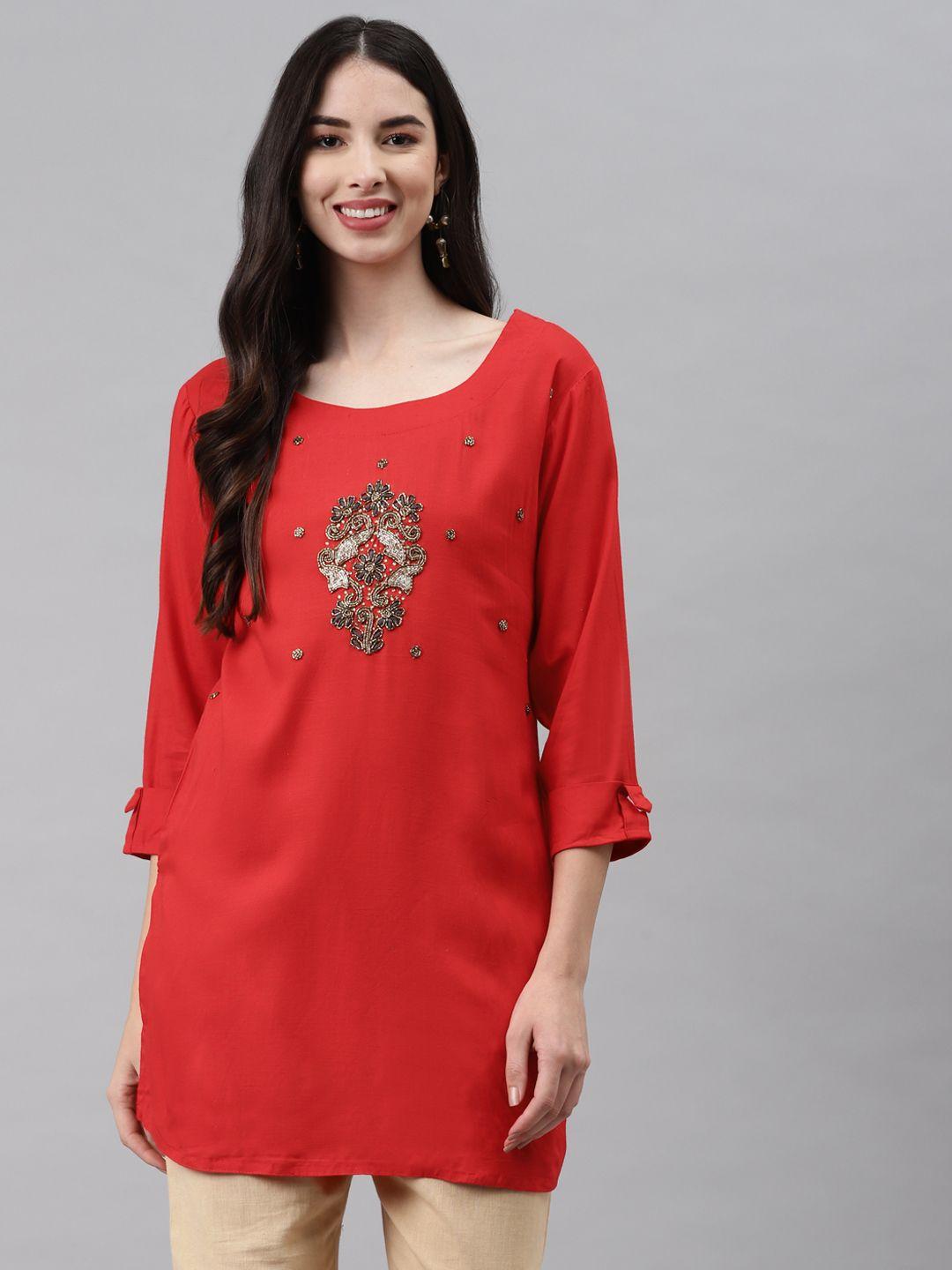 highlight-fashion-export-red-embellished-regular-top