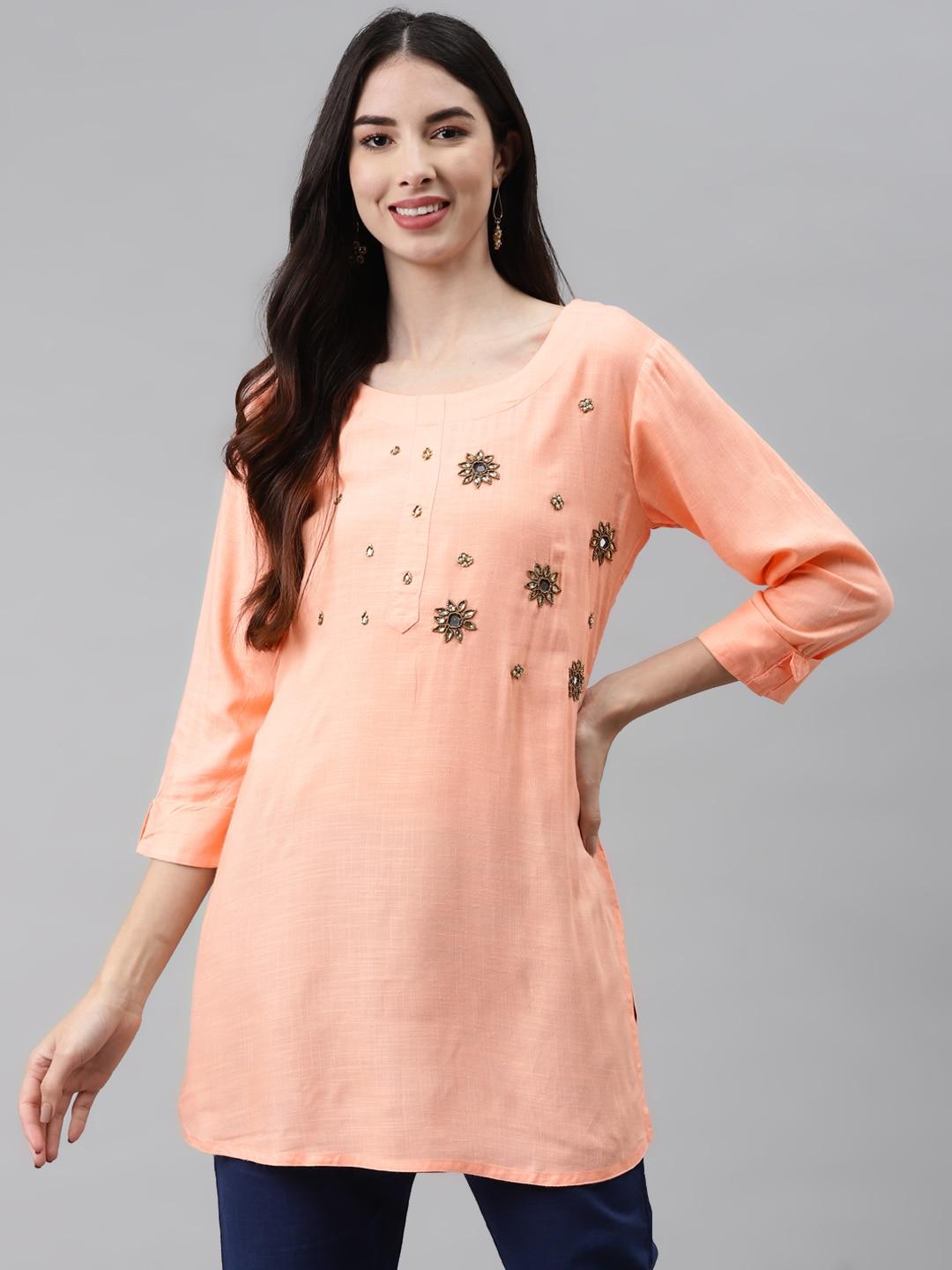 highlight-fashion-export-peach-coloured-floral-embellished-regular-top