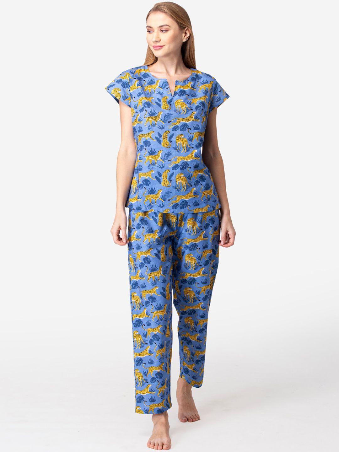 fluffalump-women-blue-&-yellow-printed-pure-cotton-night-suit