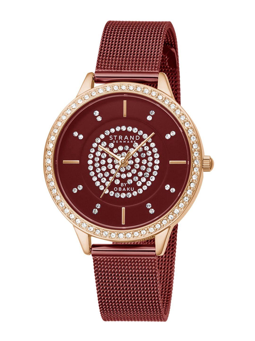strand-by-obaku-women-maroon-brass-embellished-dial-&-red-stainless-steel-bracelet-style-straps-analogue-watch