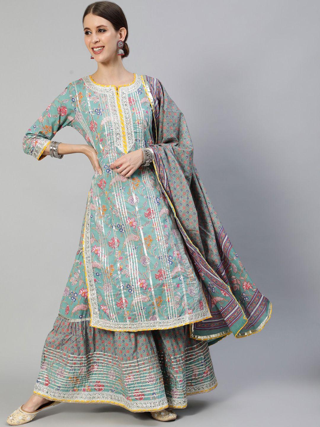 ishin-women-blue-floral-embroidered-regular-gotta-patti-pure-cotton-kurta-with-palazzos-&-with-dupatta