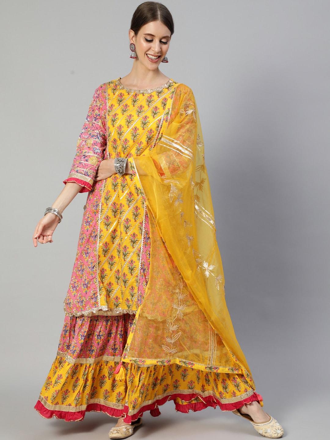 ishin-women-mustard-yellow-floral-embroidered-layered-gotta-patti-pure-cotton-kurti-with-sharara-&-with