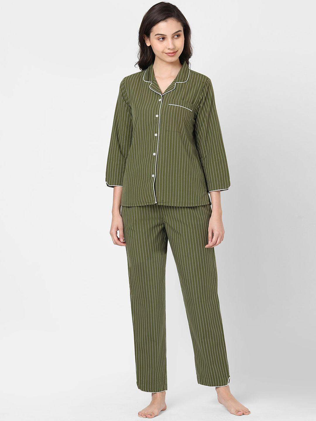 mystere-paris-women-olive-green-&-white-striped--pure-cotton-night-suit