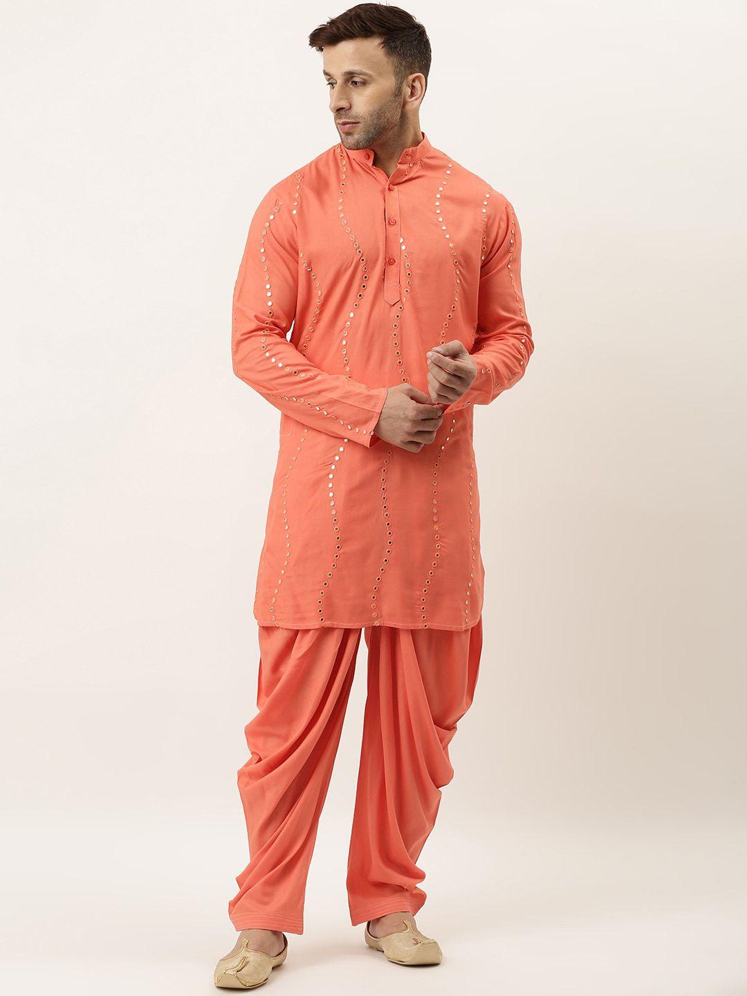 hangup-men-peach-coloured-regular-kurta-with-dhoti-pants