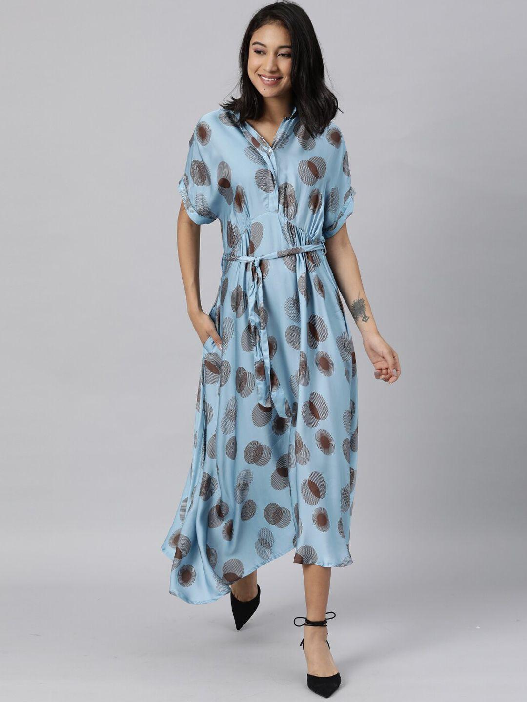 rareism-blue-&-brown-geometric-printed-extended-sleeves-asymmetric-maxi-dress