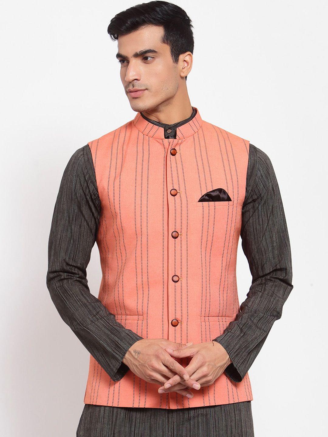 maxence-men-peach-&-black-striped-woven-nehru-jacket