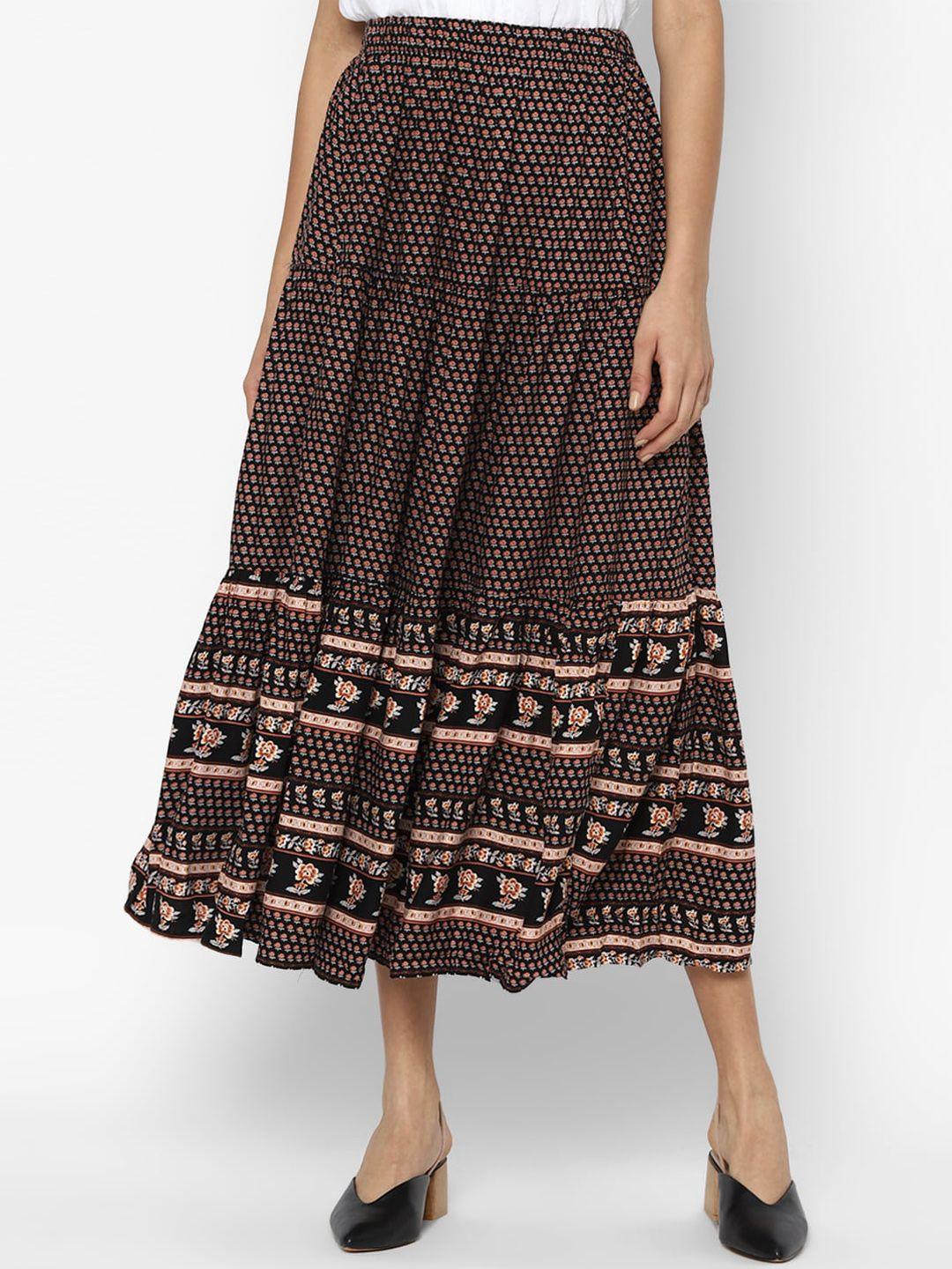 american-eagle-outfitters-women-black-&-peach-colored-printed-flared-midi-skirt