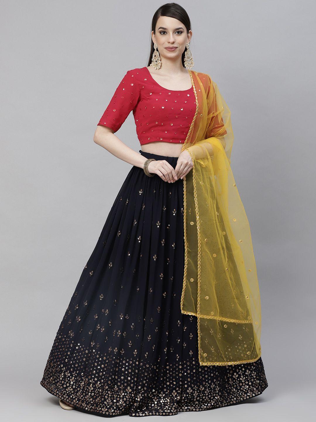 shubhkala-navy-blue-&-red-embroidered-sequinned-semi-stitched-lehenga-&-unstitched-blouse-with-dupatta