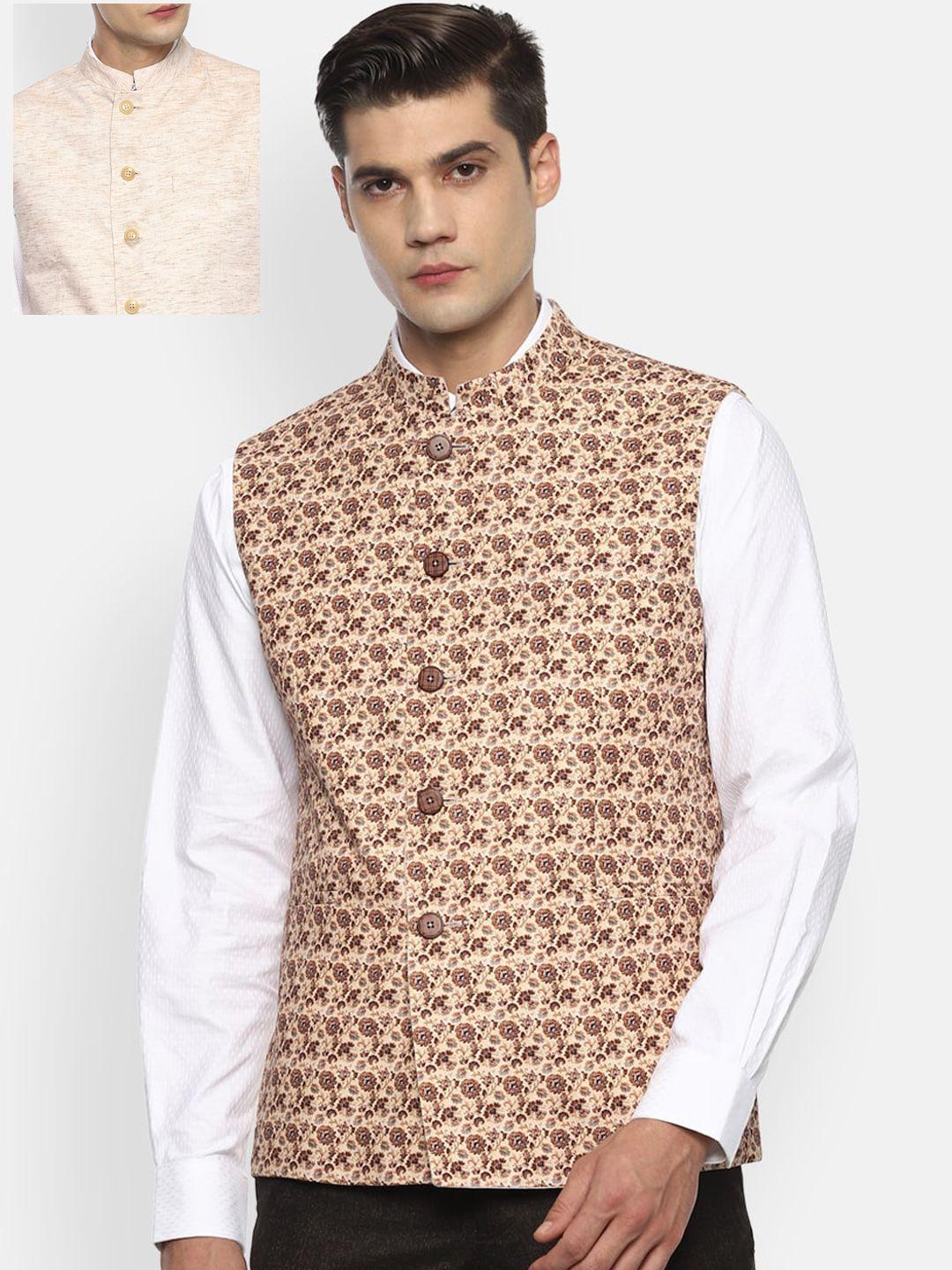 van-heusen-men-beige-&-brown-woven-design-reversible-nehru-jacket