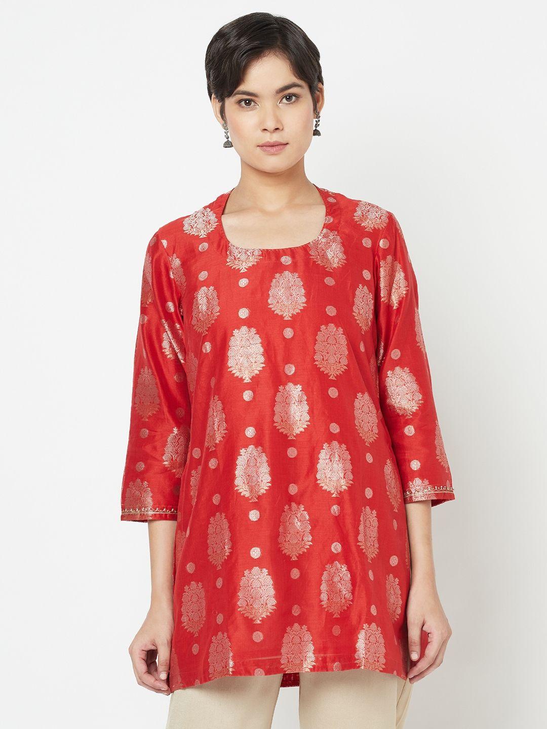 fabindia-red-&-golden-ethnic-print-hand-embroidered-tunic