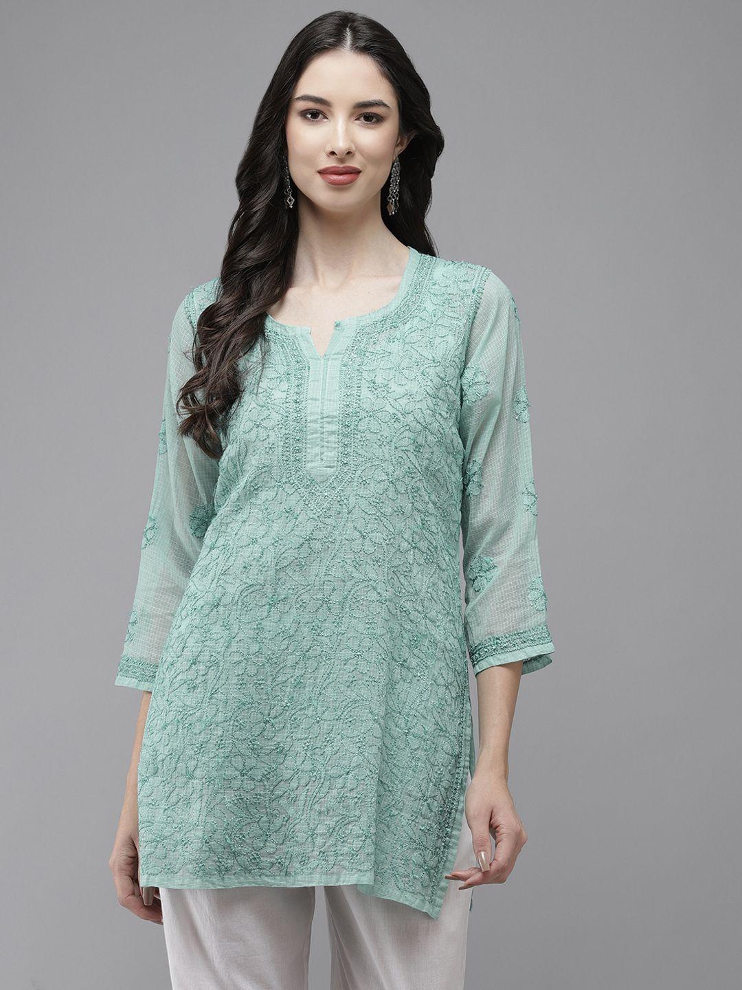 ada-turquoise-blue-hand-embroidered-chikankari-kota-handloom-kurti-with-matching-slip