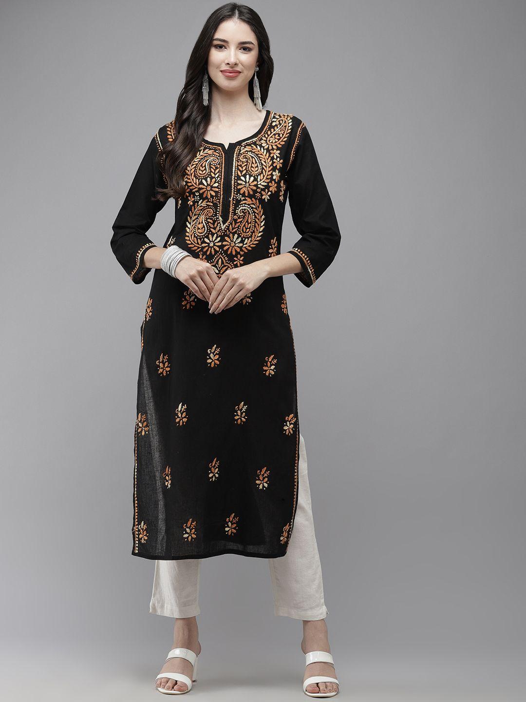 ada-women-black-&-orange-ethnic-motifs-embroidered-thread-work-handloom-kurta
