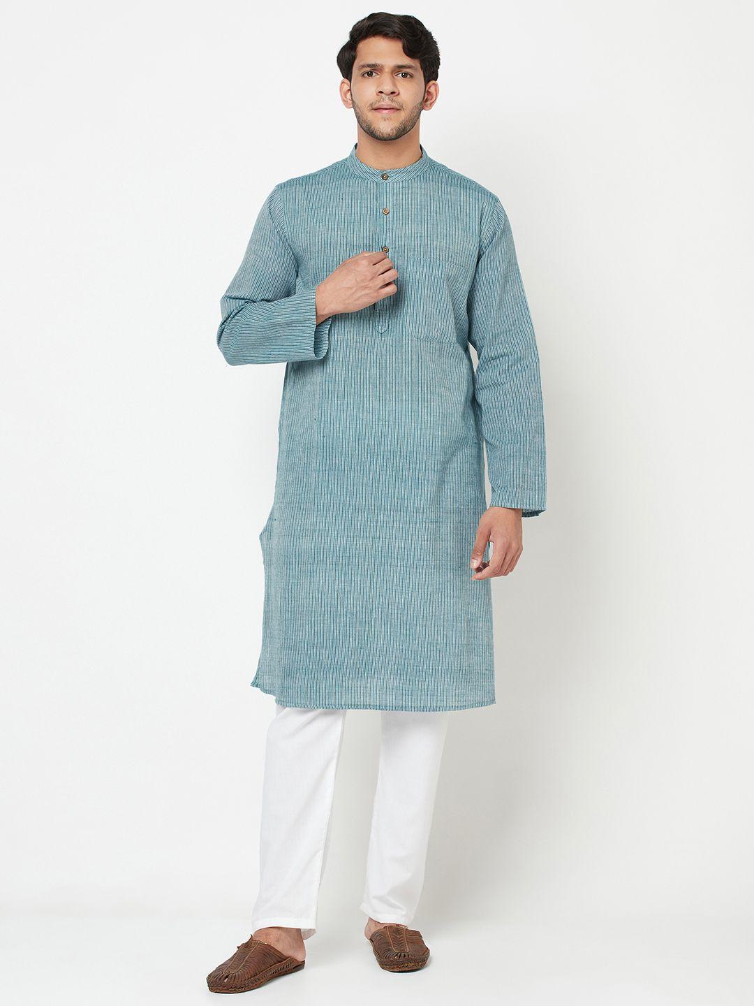 fabindia-men-blue-&-green-striped-comfort-fit-pure-cotton-kurta