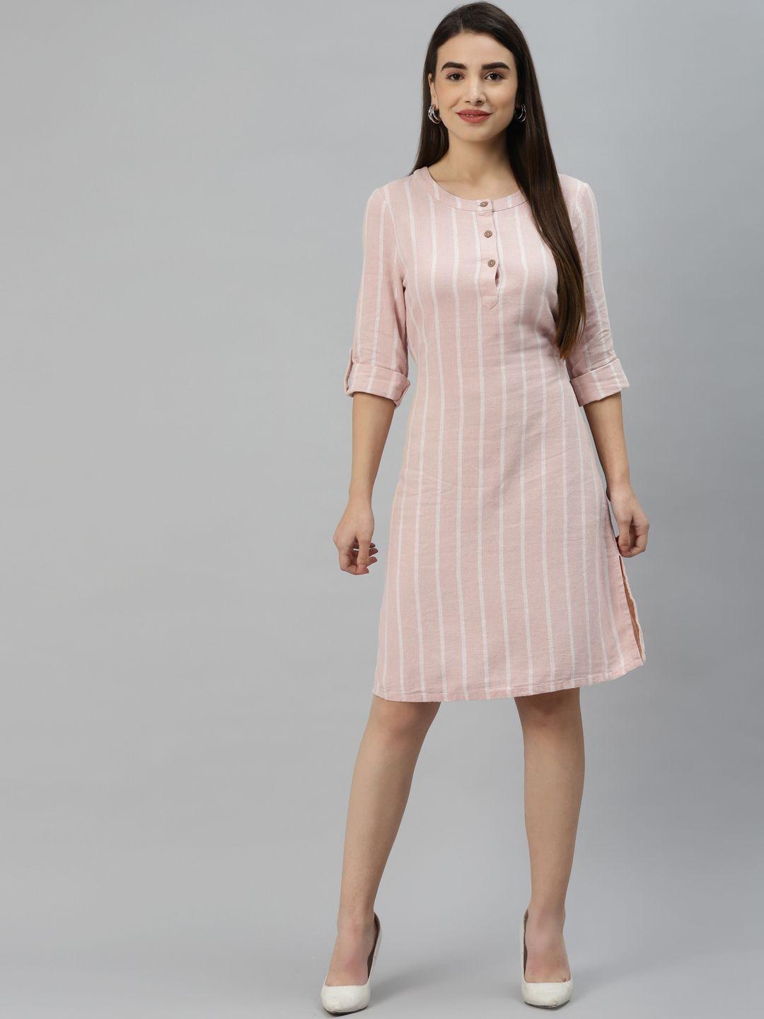 marks-&-spencer-pink-&-off-white-striped-a-line-dress
