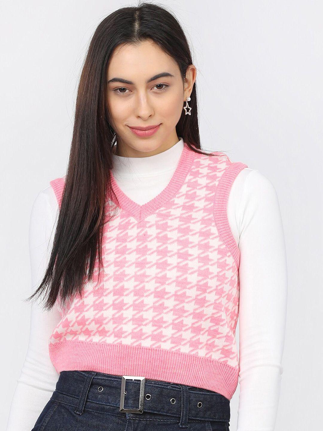 tokyo-talkies-women-pink-&-white-checked-acrylic-crop-sweater-vest