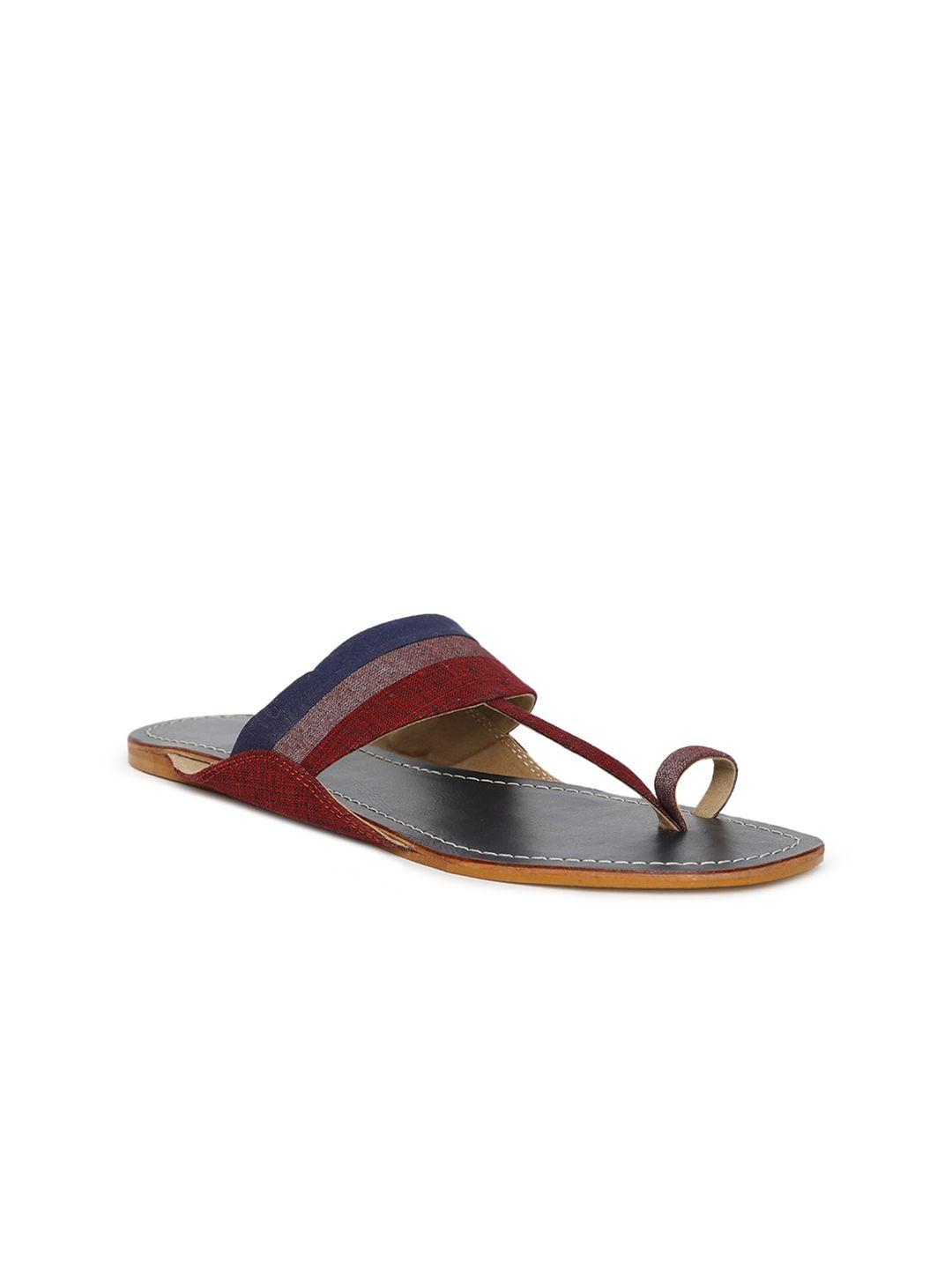 fabindia-women-red-&-blue-striped-leather-one-toe-flats